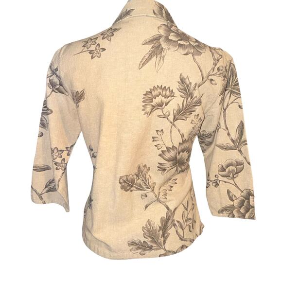 Vintage Linen Blend Button Front 3/4 Sleeve Floral Print Top Blouse Beaded SM - Picture 3 of 10